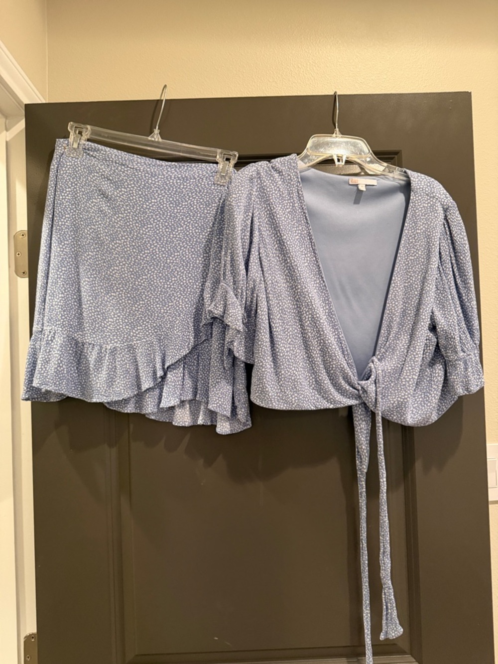 Gianni Bini Light Blue Floral Wrap Top and Ruffle Skirt Set